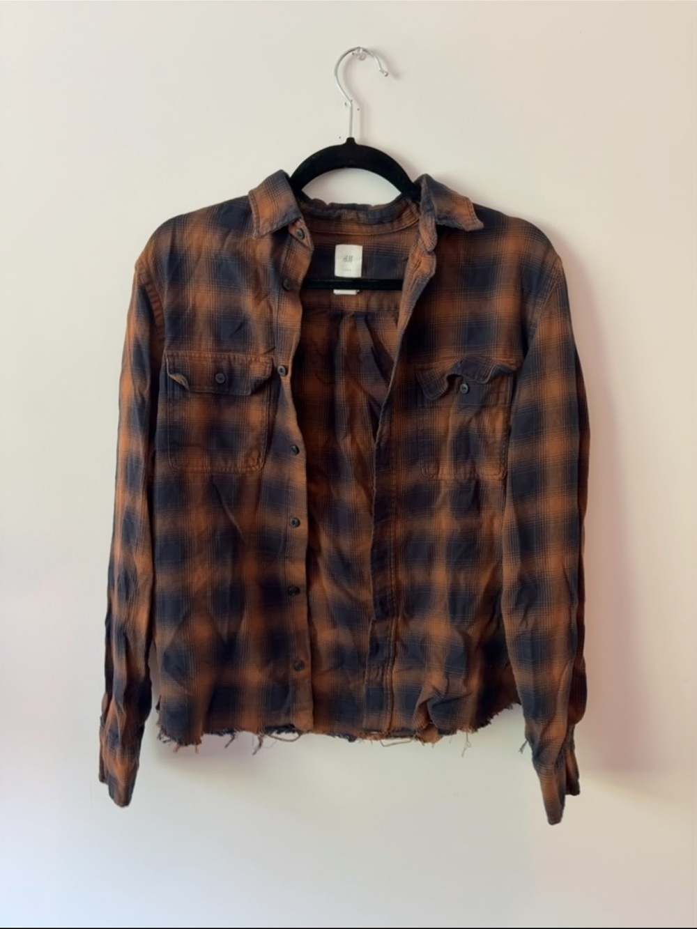 Orange / Brown and Black Plaid Button-Up Shirt Flannel Distressed Earth Tone Fal